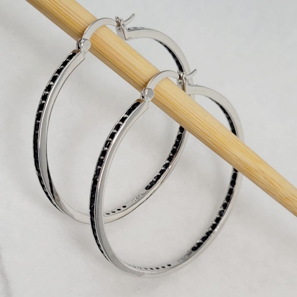 Sterling Silver 2" Black Spinel Hoops - Picture 5 of 12